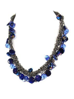 Vintage Gunmetal Necklace with Blue Glass Beads